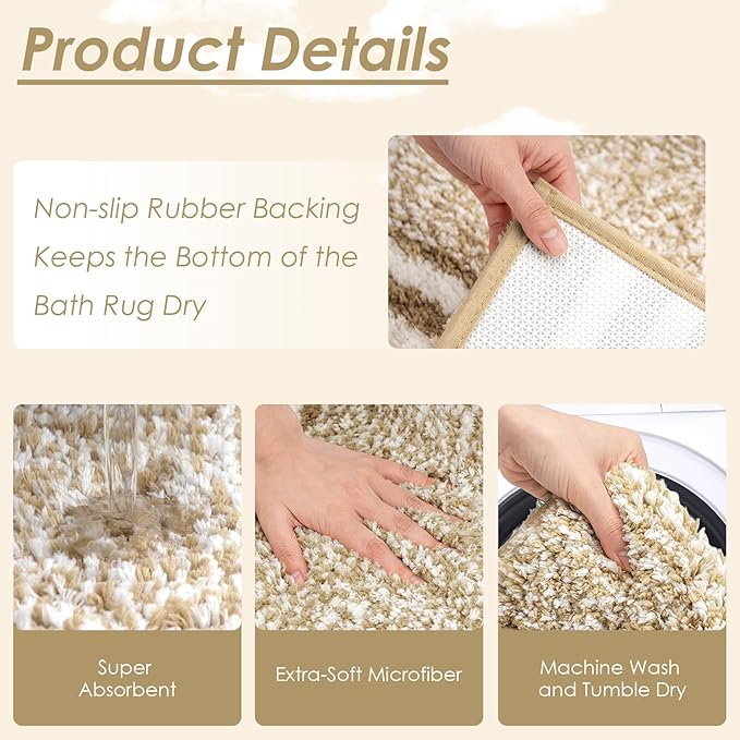 Britimes Beige Bathroom Sets with Shower Curtain and Rugs, Modern Striped Minimalist Style Waterproof Shower Curtain Liner and Soft Non Slip Bath Mat for Bathroom Decor and Accessories Hooks