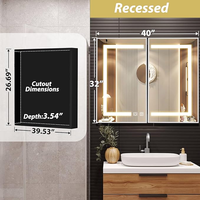 ROOMTEC Lighted Medicine Cabinet with Mirror 40"x32", Wall Mounted Bathroom Mirror with Storage, 2 Doors Bathroom Wall Cabinet with LED Lights,Silver