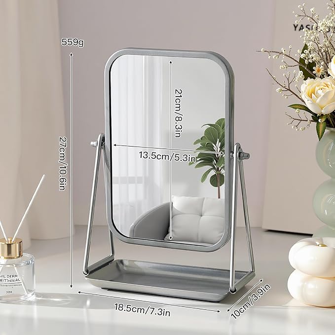 Small Desk Mirror with Storage Tray Silver Iron Frame Standing Mirrors for Desk Countertop Makeup Mirror with 360 Degree Swivel Portable Vanity Mirror for Living Room Bedroom Bathroom
