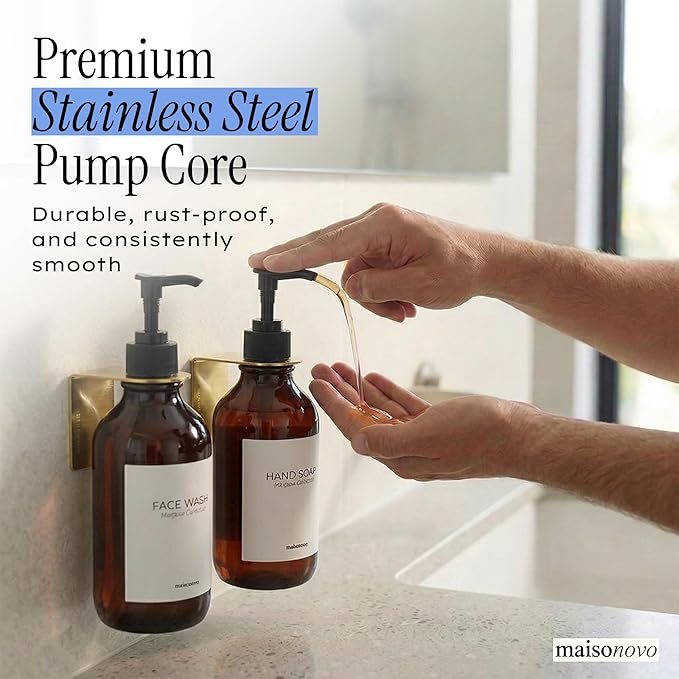 Shampoo and Conditioner Dispenser Wall Mounted Set of 2 Amber Gold - No Drill Shower Soap Dispenser for Bathroom Refillable - Spa Hotel Style Accessories by MaisoNovo
