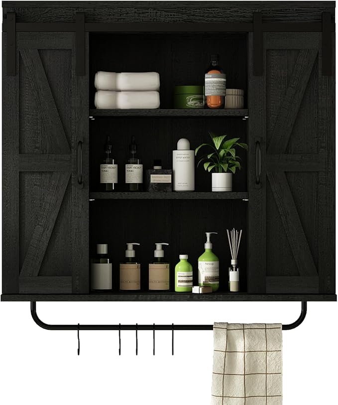 RUSTOWN Rustic Wood Wall Storage Cabinet with Two Sliding Barn Door, 3-Tier Decorative Farmhouse Vintage Cabinet for Kitchen Dining, Bathroom, Living Room,Black