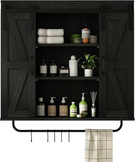 RUSTOWN Rustic Wood Wall Storage Cabinet with Two Sliding Barn Door, 3-Tier Decorative Farmhouse Vintage Cabinet for Kitchen Dining, Bathroom, Living Room,Black