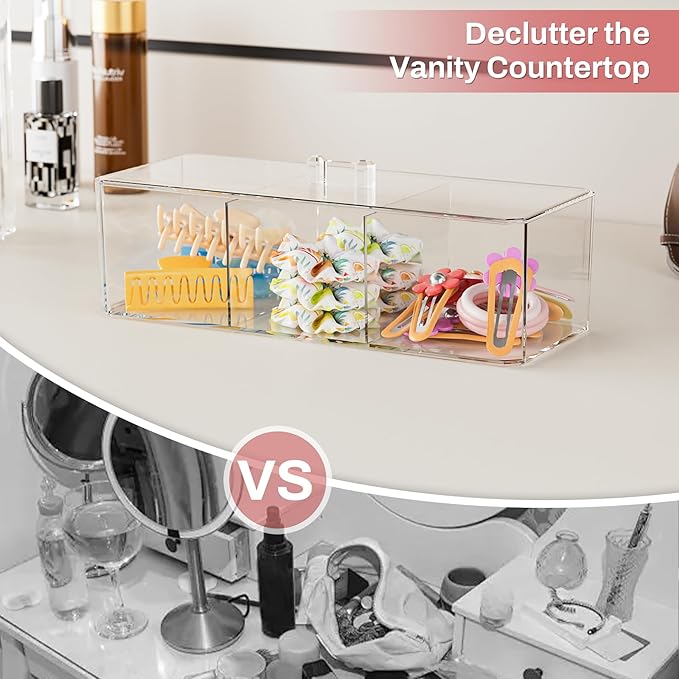 Hair Accessories Organizer for Girls, Clear Hair Bow Tie Clip Scrunchie Holder Organizer with Removable Divider, Cute Small Stackable Storage Drawer Container Caddy Box, Kids Women Vanity Accessories