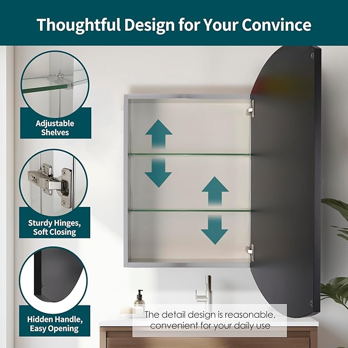 Movo Oval Aluminum Medicine Mirror Cabinet,16" W x 26" H Black Framed Farmhouse Medicine Cabinet with Mirrored Door,Recess or Wall Mount Bathroom Mirrored Cabinet,Adjustable Glass Shelves