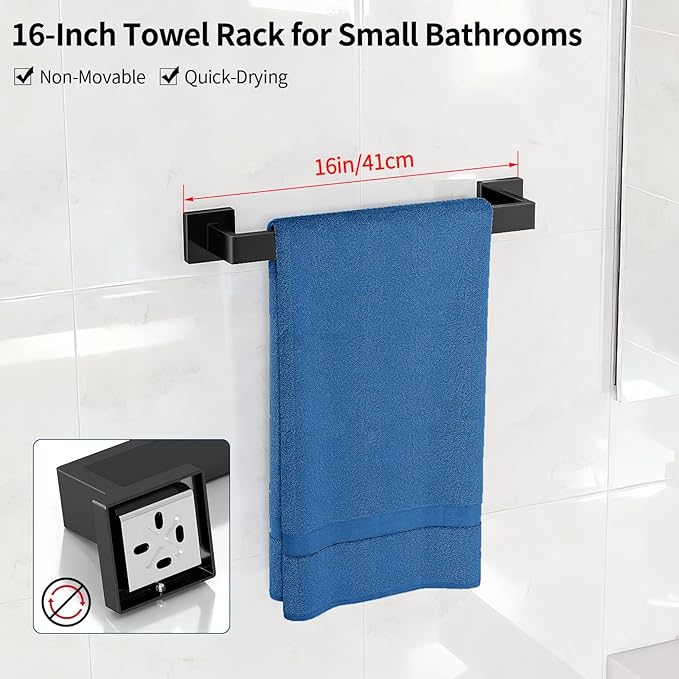 Bathroom Accessories Set 10-Piece Stainless Steel Modern Wall Mount Towel Racks for Bathroom 16In, Matte Black
