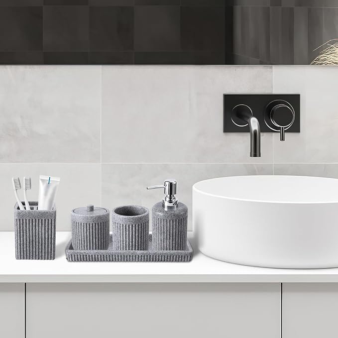 XLHOMO Resin Grey Bathroom Accessories Set 5 Pcs, Lotion Soap Dispenser, Toothbrush Holder, Bathroom Tumbler, Qtip Holder and Vanity Tray, Bathroom Countertop Organizer Set for Modern Home Apartment