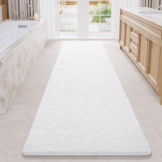 LOCHAS Luxury Bathroom Rug Shaggy Bath Mat 24 x 80 Inch, Washable Non Slip Bath Rugs for Bathroom Shower, Soft Plush Chenille Absorbent Carpets Mats, White
