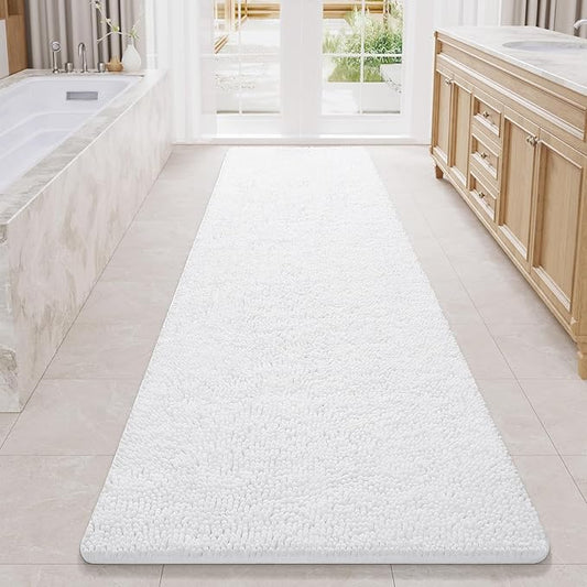 LOCHAS Luxury Bathroom Rug Shaggy Bath Mat 24 x 80 Inch, Washable Non Slip Bath Rugs for Bathroom Shower, Soft Plush Chenille Absorbent Carpets Mats, White