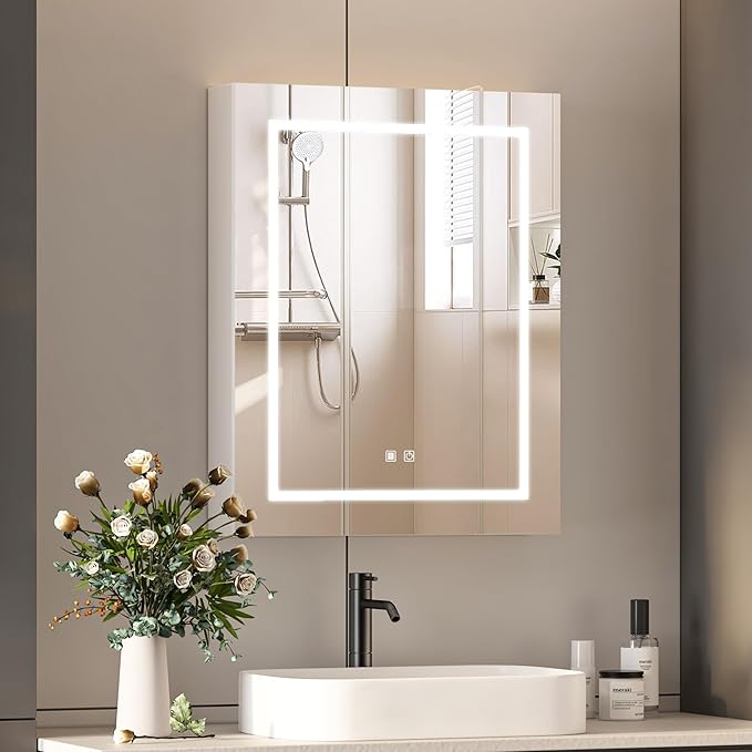 Lighted Medicine Cabinet with Mirror,Bathroom Mirror Cabinet with Shaver Socket,Wall Mounted,3 Color Lights,Outlets & USB,Led Medicine Cabinet Mirror for Bathroom,24x30 Inch