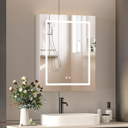 Lighted Medicine Cabinet with Mirror,Bathroom Mirror Cabinet with Shaver Socket,Wall Mounted,3 Color Lights,Outlets & USB,Led Medicine Cabinet Mirror for Bathroom,24x30 Inch