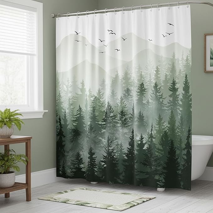 Accnicc 78 Inch Long Green Misty Forest Shower Curtain Ombre Sage Green White Mountain Pine Tree Waterproof Fabric Shower Curtains for Bathroom Nature Woodland Decorative Modern Bath Curtain Decor
