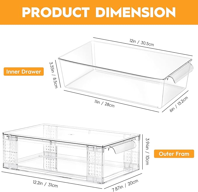6 Pack Clear Stackable Storage Drawers, 3.95" H Easily Assemble Acrylic Organizer Bins - Multi-Use for Make up, Closet, Pantry, Bathroom, Medicine, Kitchen Cabinet & Undersink Organization