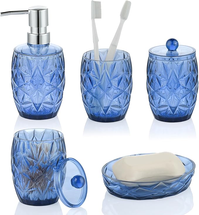 Modern Shatterproof Acrylic Cobalt Blue Bathroom Accessories Set – 5-Piece Glass-Free Vanity Set with Soap Dispenser, Toothbrush/Makeup Brush Holder, 2 Cotton Jars with Lids, and Soap Dish