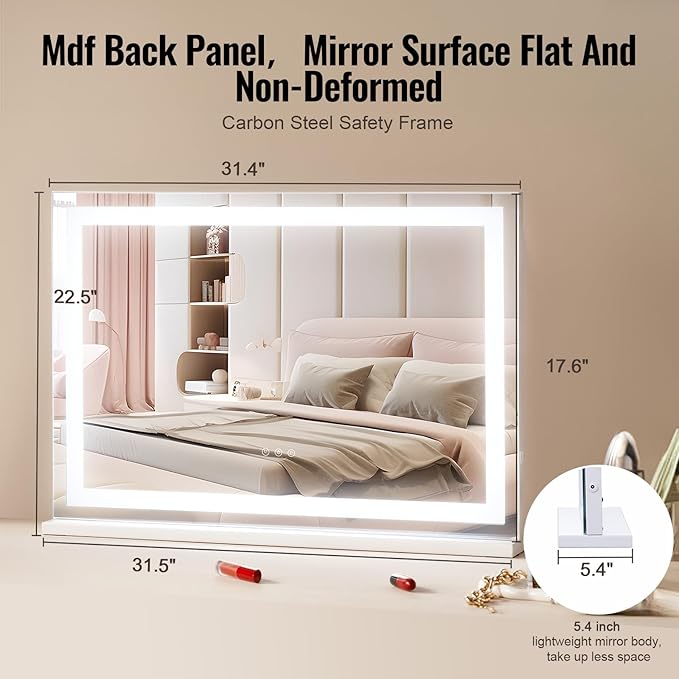 VEVOR Lighted Makeup Mirror, Three Color Lighting Modes Hollywood Vanity Mirror, Makeup LED Mirror w/Lights,5X Magnification,USB Port,Smart Touch Control,Desktop Wall-Mounted (31.5x21.7 in, White)