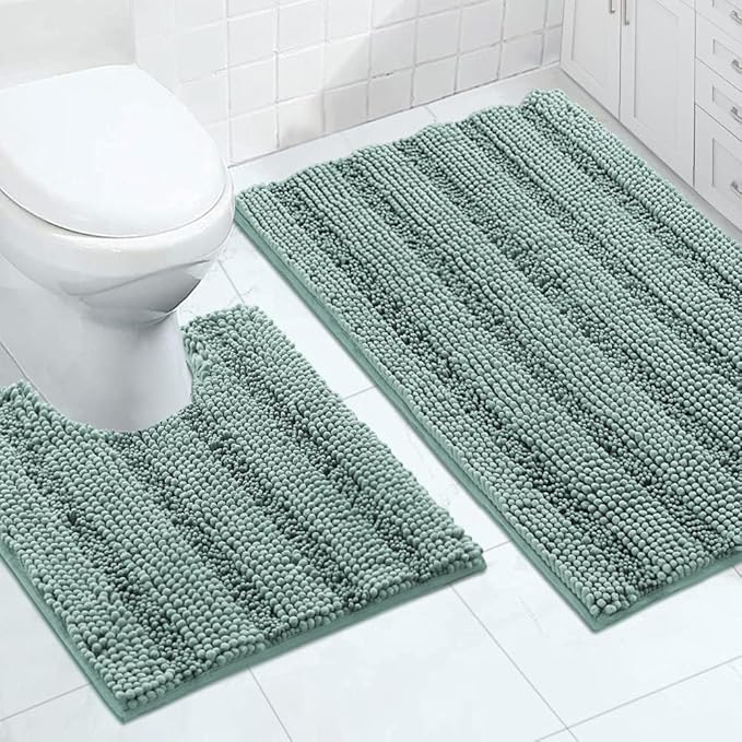 Turquoize Chenille Bathroom Rugs Set Non-Slip Bath Mats for Bathroom Super Absorbent Shaggy Rugs for Tub Shower Toilet Bath Rug Plus U Contour Rug(Oversized: 24" x 36" and 20" x 24" U), Duckegg Blue