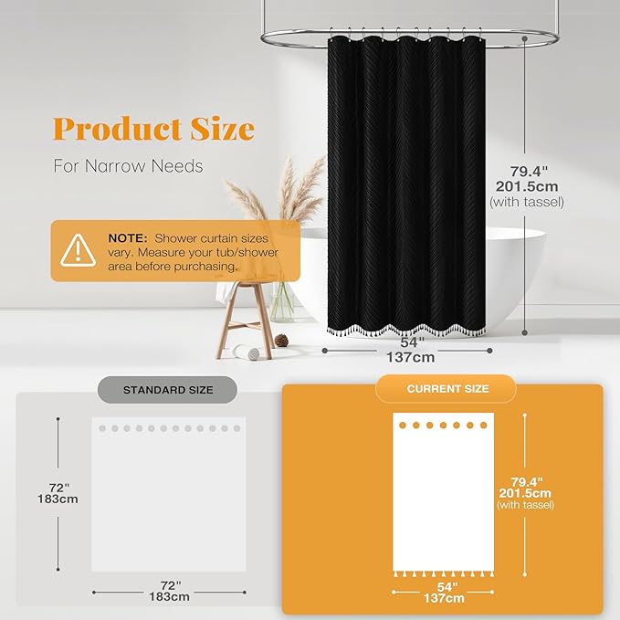 BTTN Stall Farmhouse Shower Curtain, 54x78 Tufted Leaves Textured Striped Tassel Shower Curtain Set with 10 Plastic Hook, Boho Country Minimalist Shabby Chic Fabric Shower Curtains for bathroom, Black