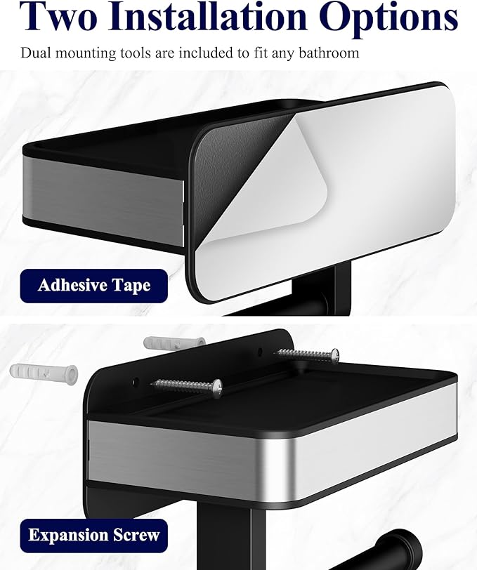 Kitsure Toilet Paper Holder with Shelf - Adhesive & Screw Wall Mount Toilet Paper Storage, Matte Black Design for Bathroom Decor, Space-Saving for Washroom, RV, Black, 7.1" W