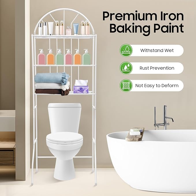 3-Tier Over The Toilet Storage Shelf, Freestanding Behind Toilet Bathroom Organizer Toilet Shelf Rack with Shelves for Toiletries Bathroom Laundry Restroom, White