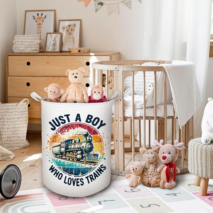 Just a Boy Who Loves Trains Laundry Basket, Toybox for Boys, Gifts for Train Lovers Enthusiasts Laundry Hamper Waterproof Collapsible Storage Bin Organizer for Bedroom Bathroom Dorm Clothes Toys