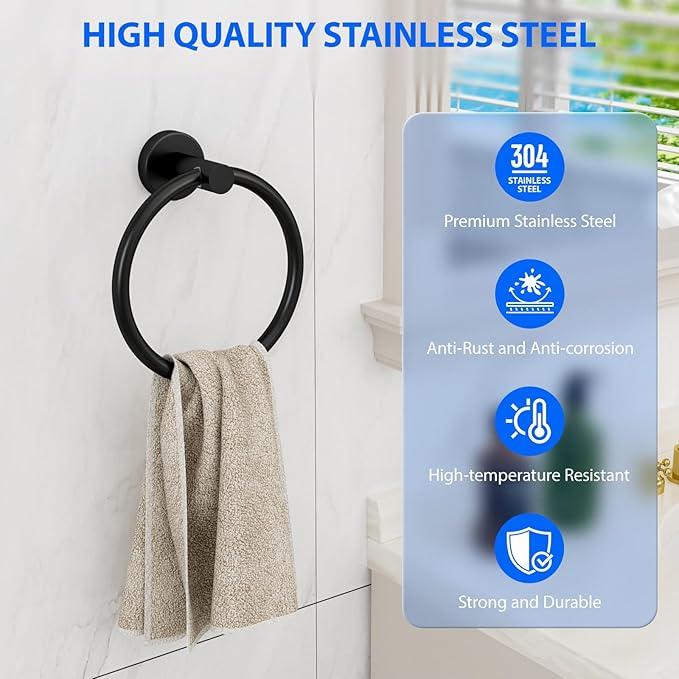 Towel Rings for Bathroom Wall Mount, SUS 304 Stainless Steel Hand Towel Holder, Modern Shower Hardware, Black, 1-Pack
