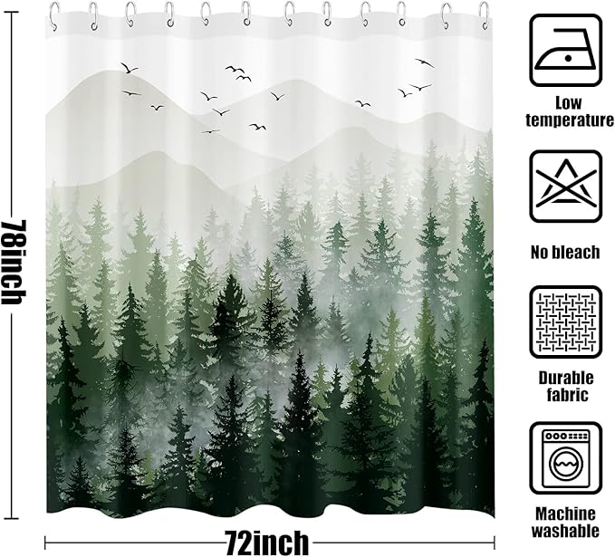 Accnicc 78 Inch Long Green Misty Forest Shower Curtain Ombre Sage Green White Mountain Pine Tree Waterproof Fabric Shower Curtains for Bathroom Nature Woodland Decorative Modern Bath Curtain Decor