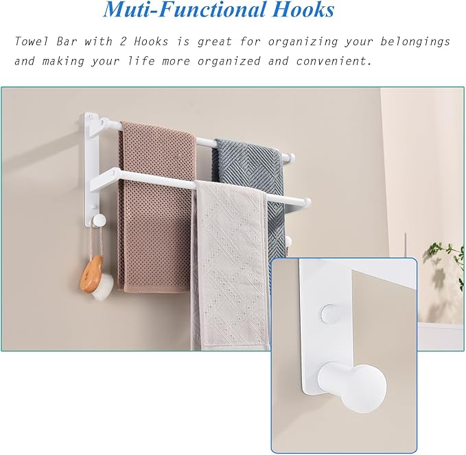 18-Inch Double Towel Rack with Hooks - Space Saving Towel Bar for Bathroom, Stainless Steel Towel Holder, White Finished