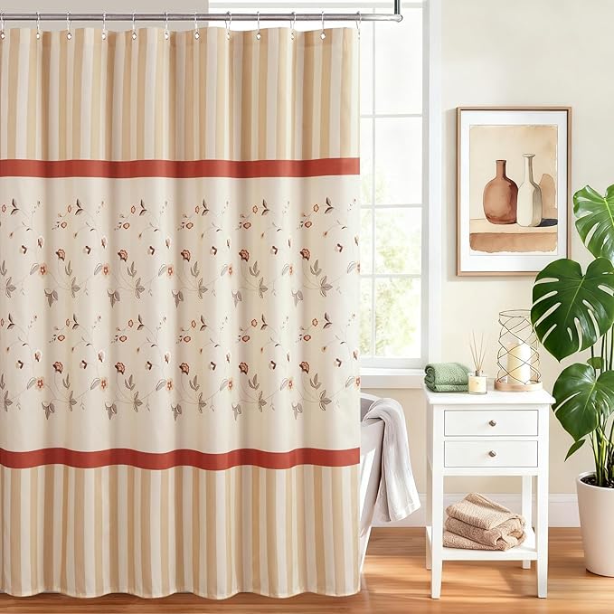 Floral Fabric Shower Curtains for Bathroom, Cream Beige Gray Flower Shower Curtain, Waterproof Washable Decorative Bathroom Curtains, 72" W x 72" H