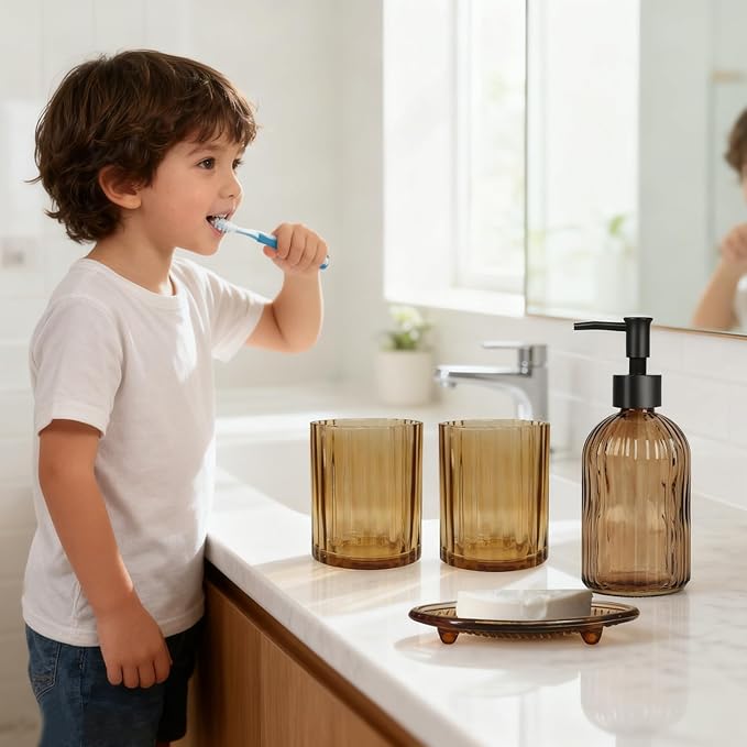 Glass Bathroom Accessories Set, 4Pcs Soap Dispenser Set Includes Soap Dispenser, Toothbrush Holder, Mouthwash Cup, Soap Dish for Home Decor, Countertop Vanity Organize (Brown)