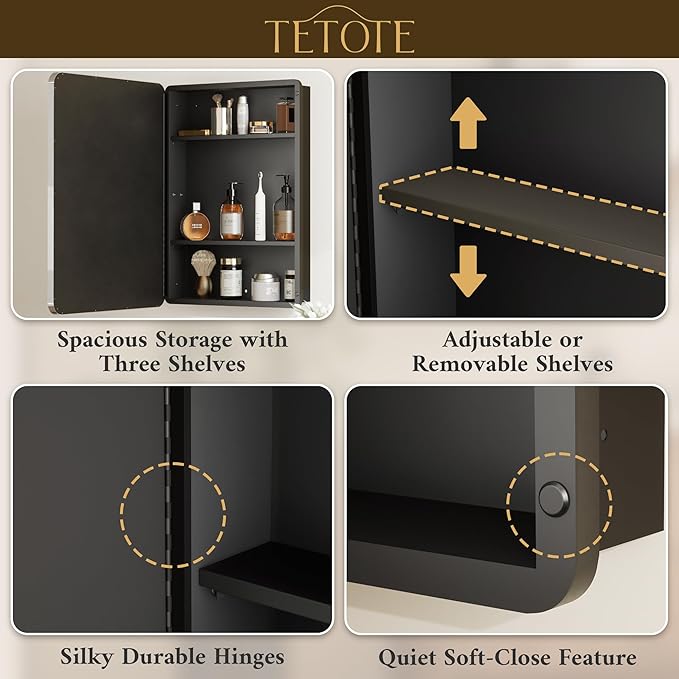 TETOTE 24 X 32 Medicine Cabinet Mirror Polished Chrome Stainless Steel Framed Bathroom Mirror Cabinet with Adjustable Shelves Recessed Mounted/Surface Mounted Medicine Cabinet with Mirror