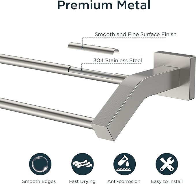 FORIOUS Double Towel Bar, 24 Inch Dual Towel Racks for Bathroom Wall Mounted, Thicken SUS304 Stainless Steel Bath Square Towel Rod Towel Holder Rail, Brushed Nickel
