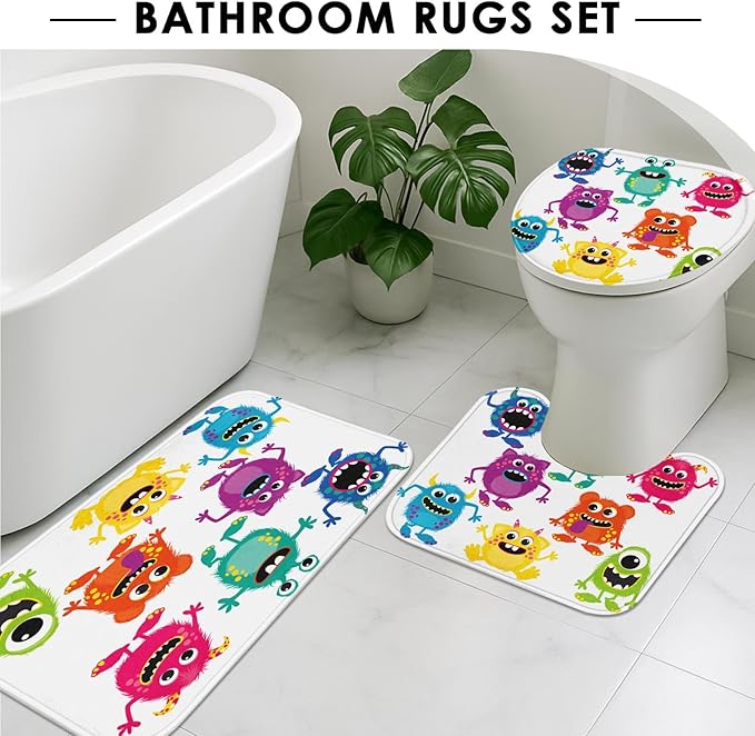 ArtSocket Monsters Bathroom Set with Shower Curtain and Rugs Accessories, Cute Kids Funny Animal Shower Curtain, Kids Bathroom Decor 4 Pcs