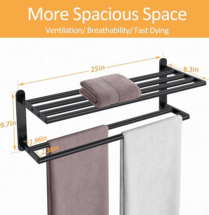 Double Towel Racks for Bathroom, Towel Shelf with Double Towel Bar 24 inch, Towel Rack with Shelf for Bathroom, Stainless Steel Towel Holder Wall Mounted, Towel Storage for Bathroom Lavatory Black