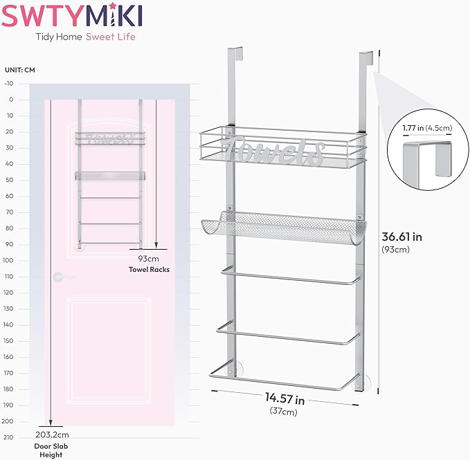 SWTYMIKI Over The Door Towel Racks for Bathroom - 5-Tier Wall Mounted Bathroom Towel Storage Organizer Holder with Metal Shelf, Sliver