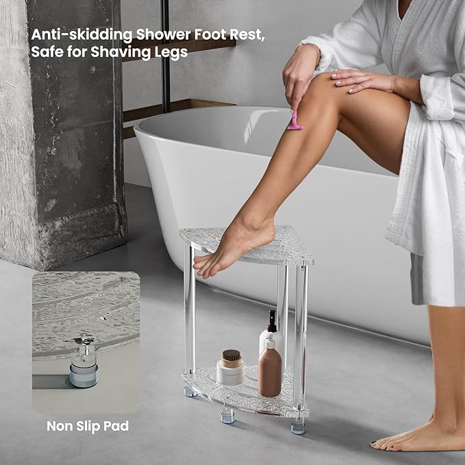 Sumerflos Acrylic Corner Shower Stool for Inside Shower, Clear Small Shower Bench for Shaving Legs Seating Waterproof Heavy Duty Assemble Modern (Textured, 11.81" D x 11.81" W x 18.11" H)