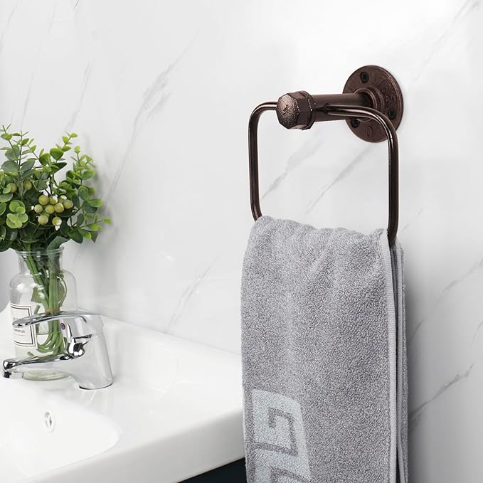 NearMoon 4 Pieces Industrial Pipe Bathroom Hardware Set, Include 18 Inch Towel Bar, Towel Ring, Toilet Paper Holder and Robe Hook, Heavy Duty Rustic Iron Decor Wall Mounted Accessories Kit (Bronze)