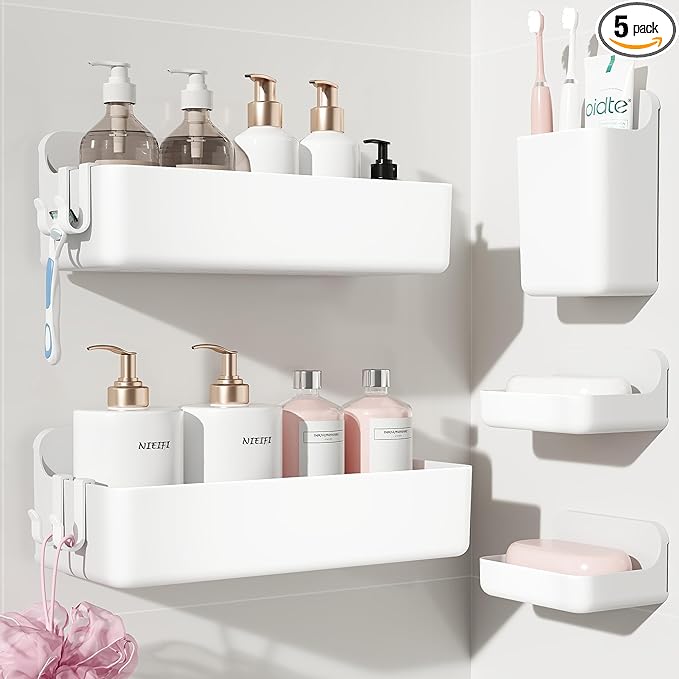 Nieifi Adhesive Wall Shelf, Shower Shelves 5 Pack with Soap Holder, Shower Organizer for Bathroom Organization, White
