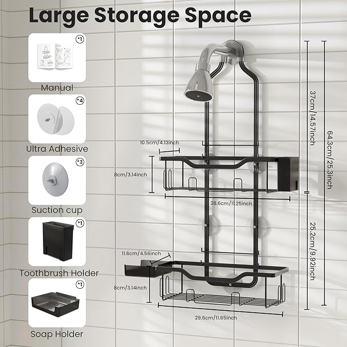 Hanging Shower Caddy Over Showerhead,2 Tier Rustproof Bathroom Shower Organizer, No Drill Shower Rack with Soap Dish, Toothbrush Holder and 12 Hooks,Black