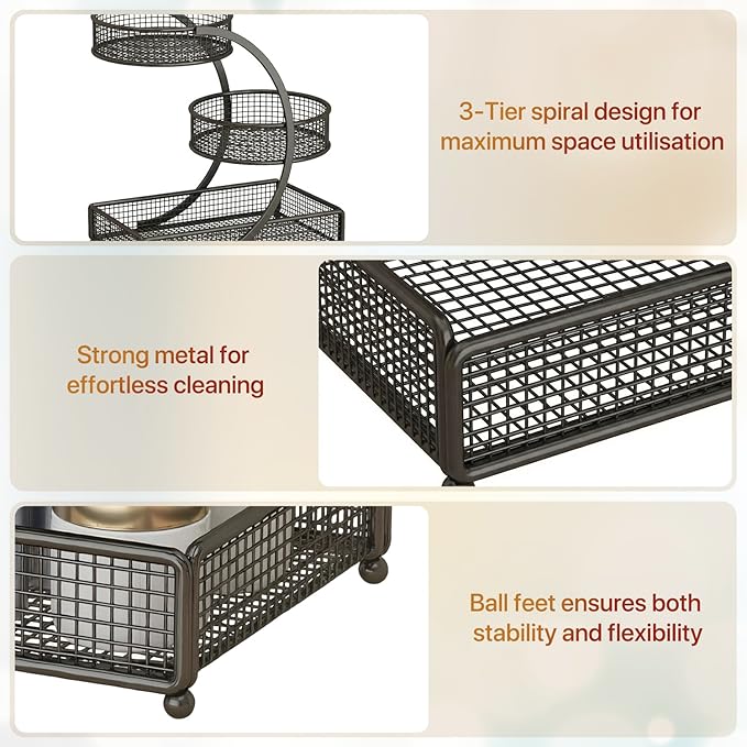 3 Tier Spiral Bathroom Countertop Organizer Shelf, Multi-Purpose Metal Makeup Storage Rack for Cosmetics, Toiletries, Spices, Ideal for Bathroom, Kitchen, Bedroom, Office, No Assembly Required- Black