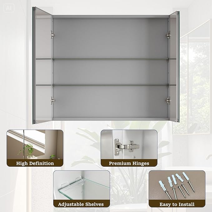Bathroom Medicine Cabinet with Mirror, 30 Inch x 26 Inch Bathroom Mirror Cabinet with Double Door & Adjustable Shelves, Surface Mount or Recess Installation