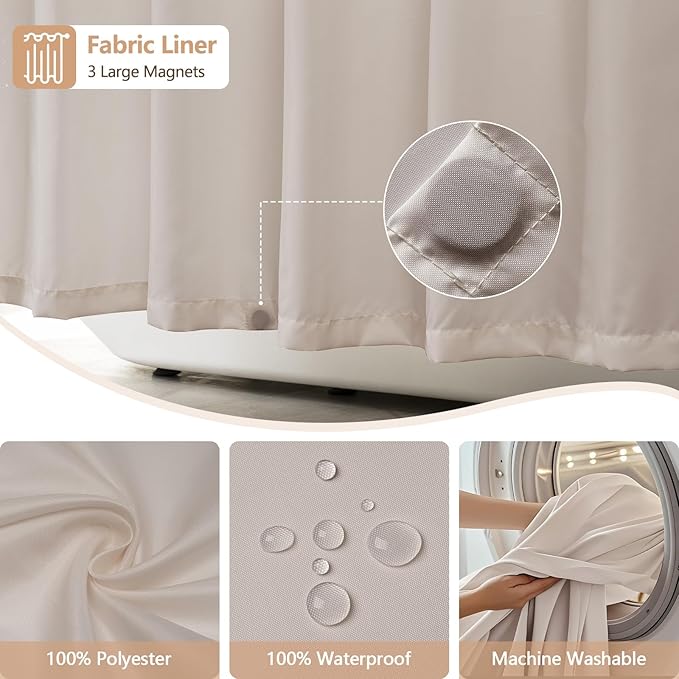 Boho Farmhouse Shower Curtain and Fabric Liner Set, Heavyweight Linen Textured Fabric Shower Curtain Taupe with Tassels, 2 in 1 Waterproof Fabric Shower Curtain Set for Bathroom, 72x72 Inch