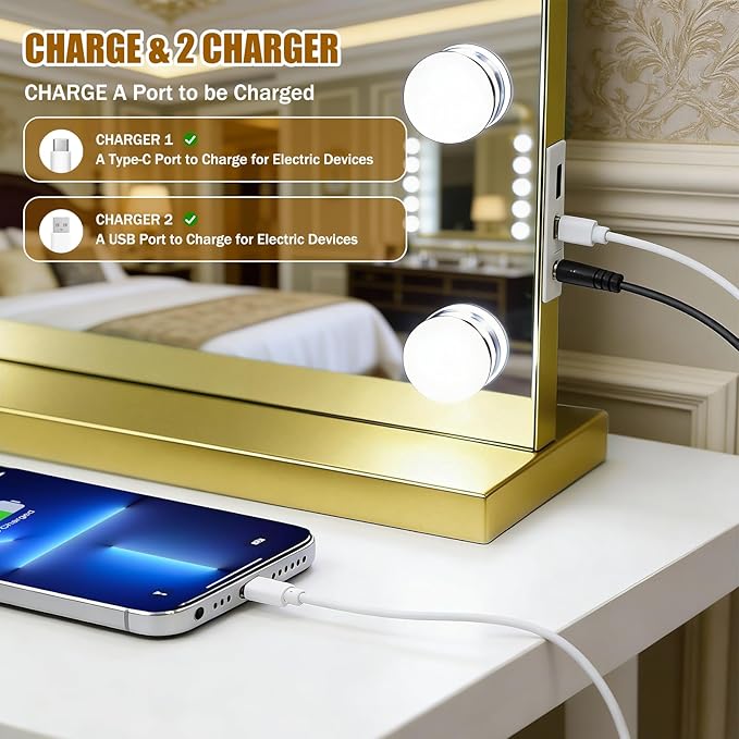 Vanity Mirror with Lights, 23"×18" Large Hollywood Makeup Mirror with 15 Dimmable Bulbs, 3-Color Lighting, Dimmable, 10x Magnification, Desk Mirror, Bedroom (Gold)