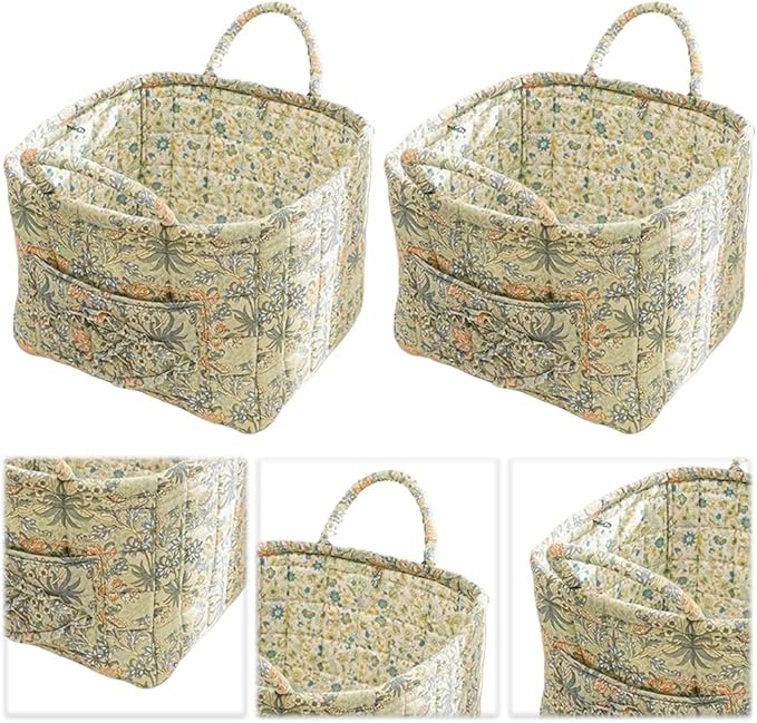 Quilted Fabric Storage Basket Boho Floral Laundry Hamper with Handle Foldable Floral Basket Organizer for Car Bedroom