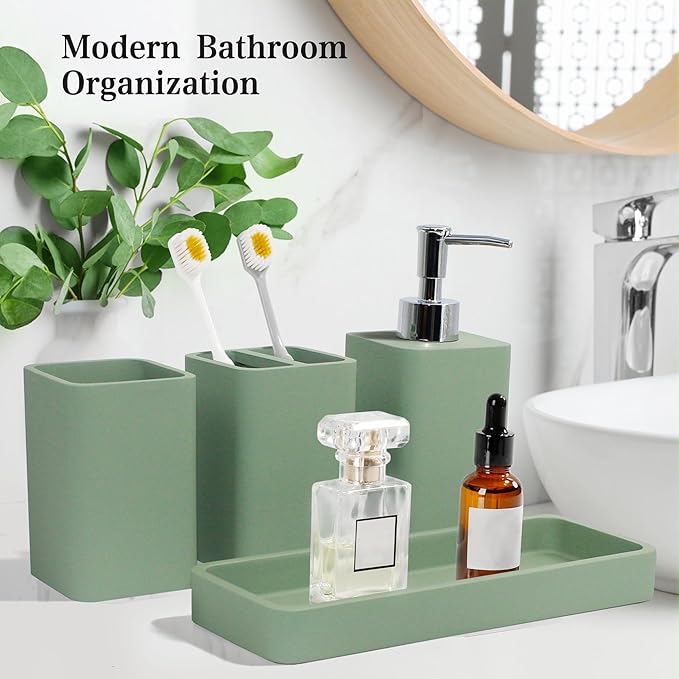 YMXYJM Bathroom Accessories Set, 4 Pcs Bathroom Accessory Set, Soap Dispenser, Toothbrush Holder, Qtip Holder Set, Bathroom Sets Complete, Bathroom Sink Set for Modern Home Decor,Green