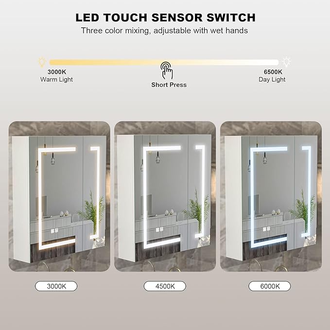 Medicine Cabinet with Lights,Bathroom Medicine Cabinet with Mirror 2 Doors,Lighted Led Mirrored Medicine Cabinets with Defogger,Wall Mounted,24x26 Inch