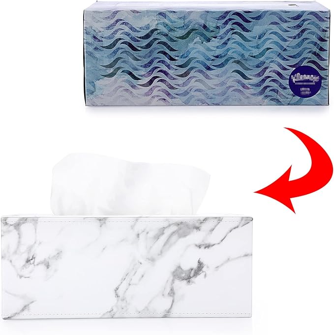 Sumnacon Rectangular Leather Tissue Box Cover - Stylish Tissue Box Holder with Magnetic Bottom, Decorative PU Tissue Box for Vanity Dresser Night Stand Table Countertop Home Office Car, Marble White