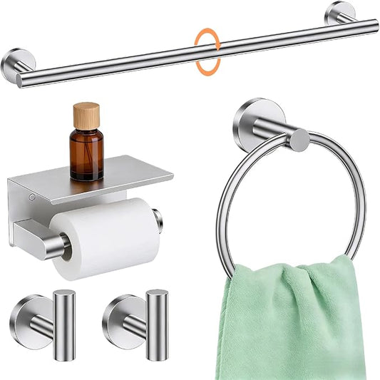 5Pcs Bathroom Hardware Accessories, 24 Inch Brushed Nickel Bath Towel Bar Set, Toilet Paper Holder and Towel Ring, Stainless Steel Wall Mounted Towel Rack Set, Center Section Removable