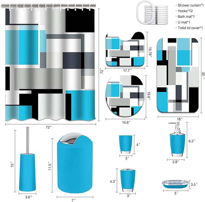 Lnond Blue Bathroom Set, 23-Piece Blue Black Geometric Bathroom Decor Set with with Shower Curtain and Rugs, Trash Can, Toilet Brush Holder Set & Soap Dispenser