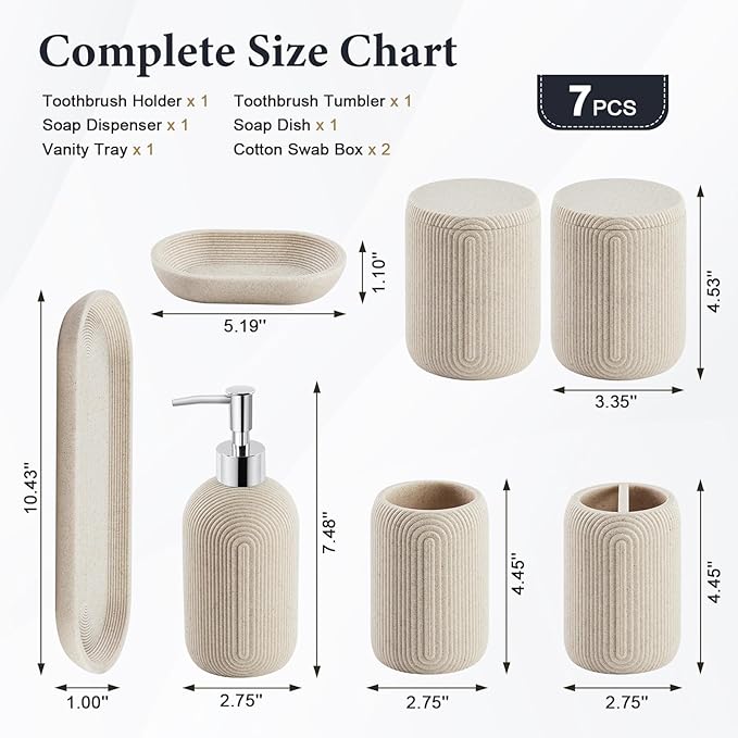 Bathroom Accessories Set - 7-Piece Resin Bathroom Set, Toothbrush Holders for Bathrooms, Soap Dispenser, Qtip Holder Dispenser, Tumbler, Soap Dish & Tray（Beige