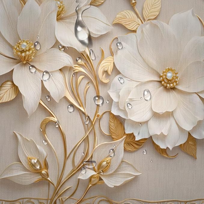NBVKO 4Pcs Luxury Magnolia Blossoms Printed Shower Curtain Set with 12 Hooks Non-Slip Rugs,Toilet Lid Cover and Bath Mat,Gold Bathroom Decor for Hotel & Home Bathroom