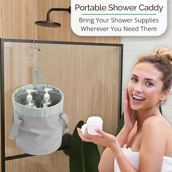 Portable Shower Bag with Drawstring Closure and Breathable Mesh Bottom – Travel Shower Caddy, Foldable Durable Design with Mesh Bottom for Cruise Ship Essentials, College Dorm Shower Caddy (Sage Grey)